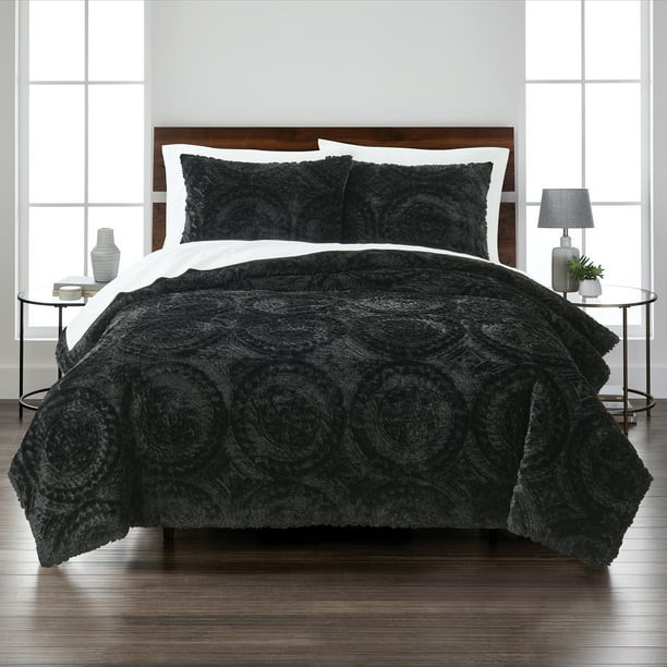 Faux Fur 3 Piece Comforter Set, Black Fuzzy Duvet Cover