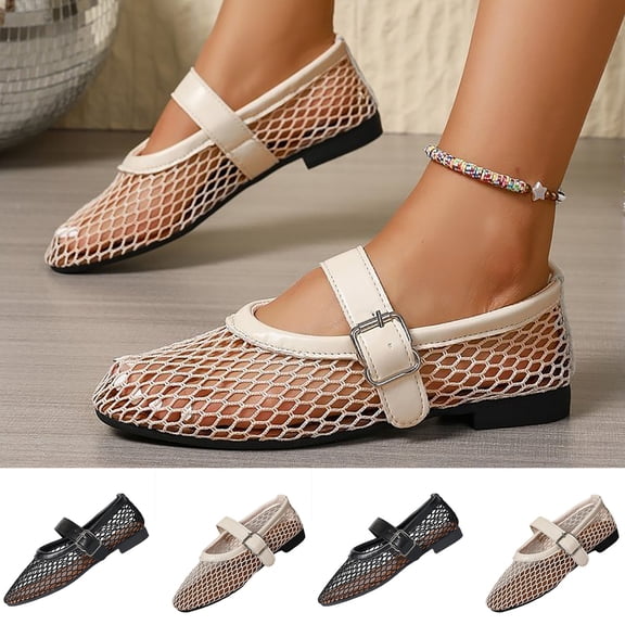 Miluxas Women's Mesh Ballet Flats Round Toe Fishnet Ballerina Flats Buckle Strap Mary Jane Ballet Flats for Parties or Casual Dress Shoes White 8.5(42)
