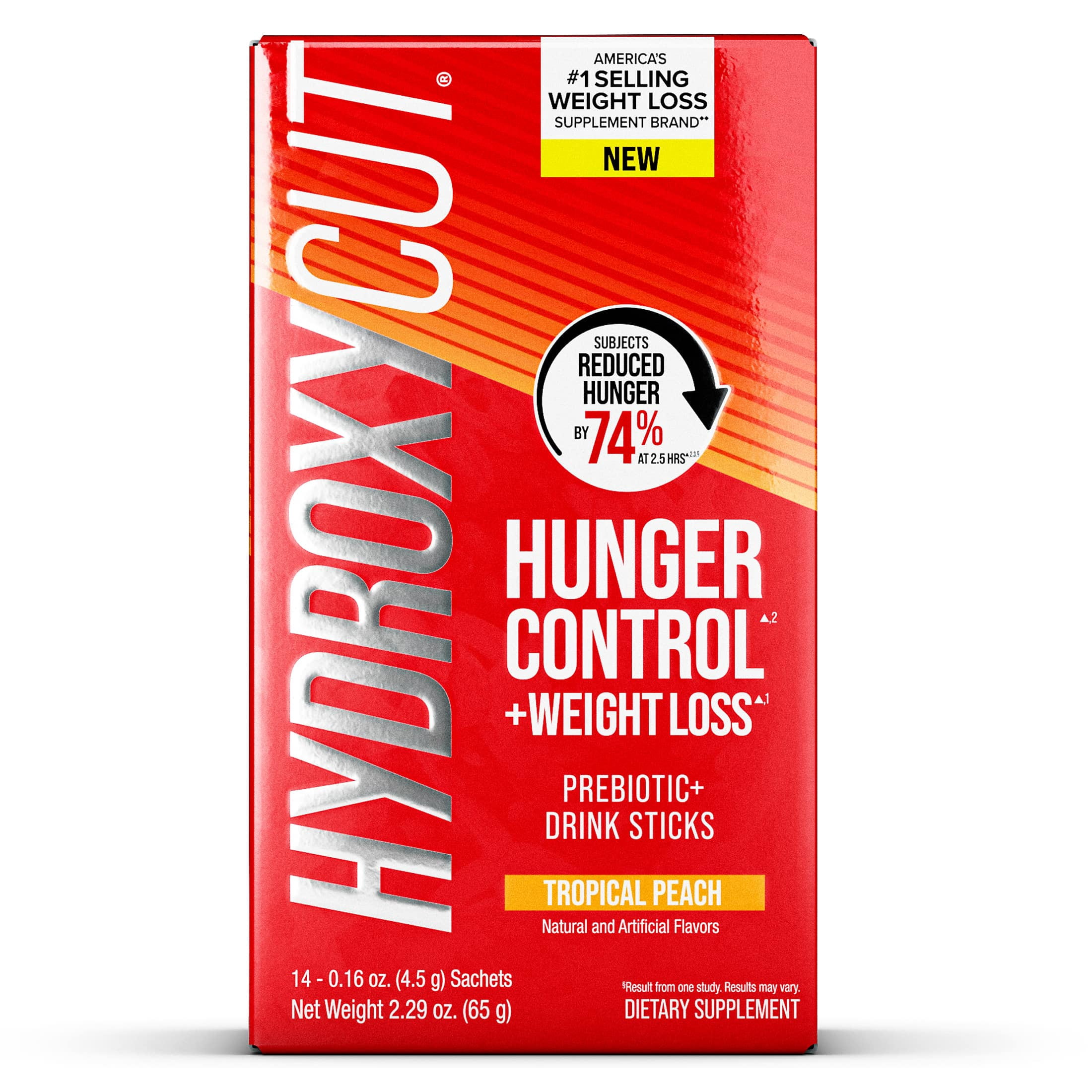 Hydroxycut Hunger Control and Weight Loss Prebiotic Powder Drink Sticks, Tropical Peach, 14 Count
