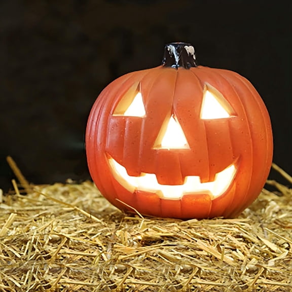 Carved Face Jack O Lantern Pumpkin Figurine, Halloween Table Centerpiece, Seasonal Accent Decor for Fall Thanksgiving, Living Room Bedroom Shelf Mantel Ornament