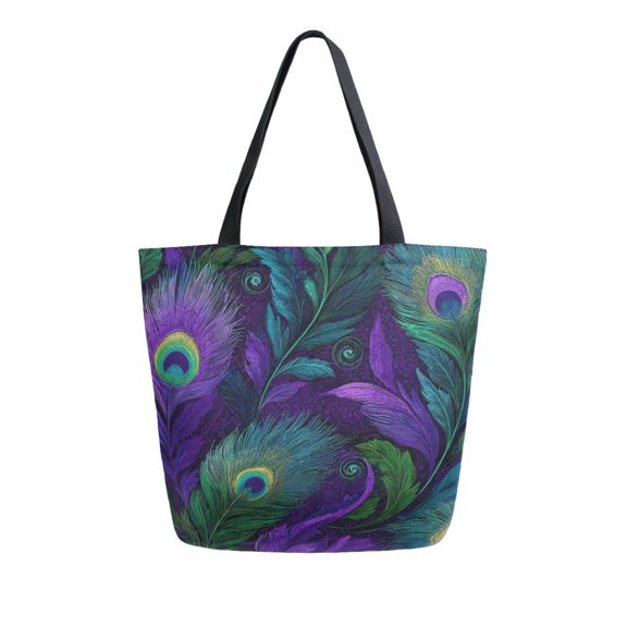 Open Top Canvas Tote Bag with Zipper Reusable Shopping Bag 13.5x15" Roomy Carryall Peacock Feathers Pattern