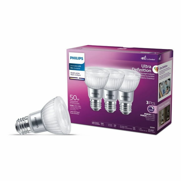 PHILIPS 5.5W 50W PAR20 Medium Base Ultra High Definition Bright White Dimmable LED Light Bulbs - 3 Pack