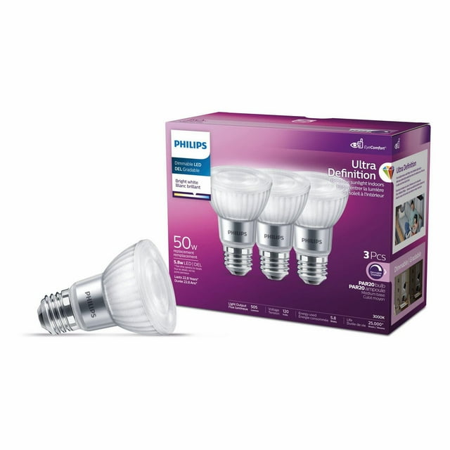 PHILIPS 5.5W 50W PAR20 Medium Base Ultra High Definition Bright White Dimmable LED Light Bulbs - 3 Pack