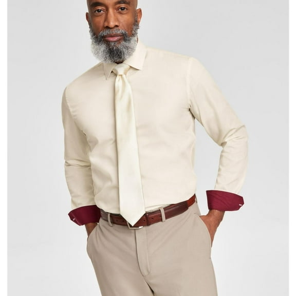 Tayion Mens Slim fit Dress Shirt Medium 15-15.5 34-35 Beige Solid