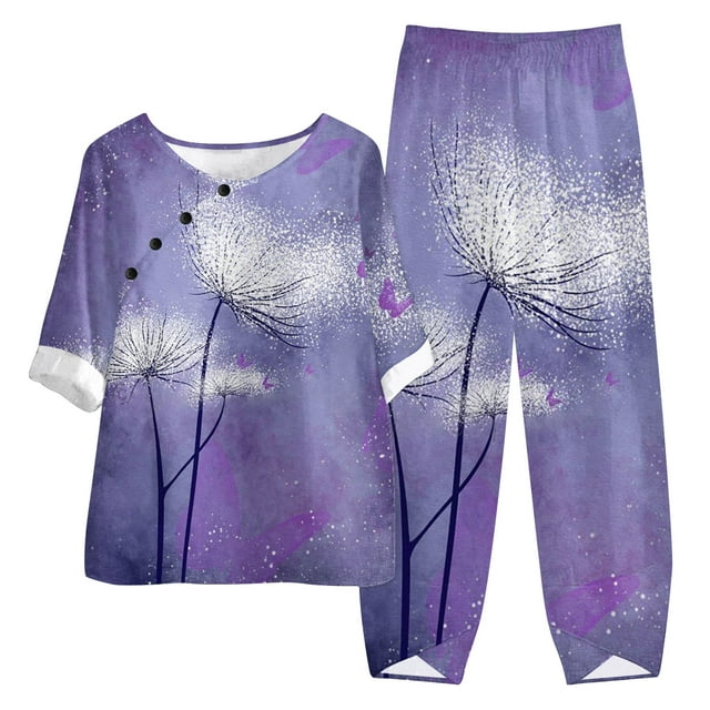 Ensembles Deux Pièces pour Femmes Été Femmes Été Imprimé Manches Mi-Longues Col Rond Haut Court + Pantalon Décontracté Ensemble Costume Deux Pièces Ensemble Détente Deux Pièces pour Femmes