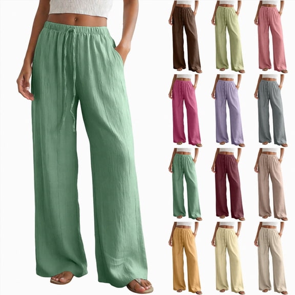 Mnuaqn Womens Fashion Linen Pants Solid Casual High Waist Loose Fit Drawstring Trousers with Pockets (Wine, M)
