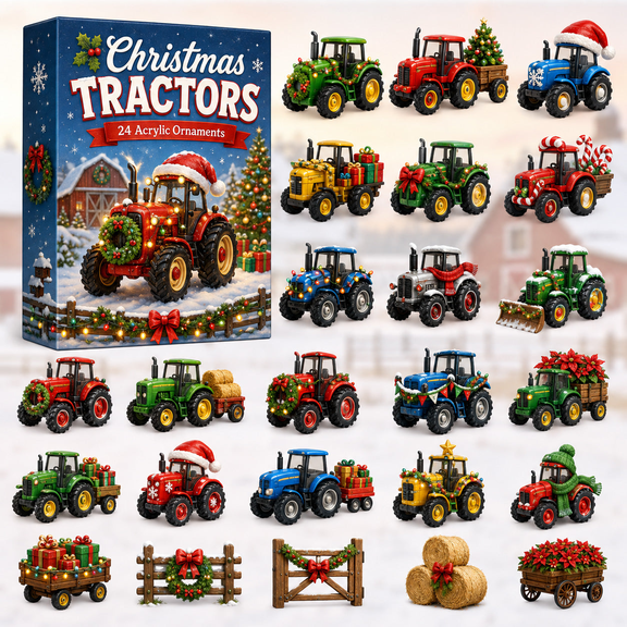 Christmas Tractors Advent Calendar 2026 - 24-Day Festive Countdown, Acrylic Charms Blind Box - Gift For Kids, Family & Friends, Kids Tree Ornaments, Xmas Party Gift