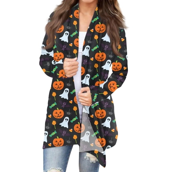 Chemises pour Femmes Femmes Liquidation Chemise en Polyester pour Femmes Cardigan Chandails pour Femmes 2025 Imprimé d'Halloween Drôle Mignon Léger Ample à Manches Longues Manteau avant