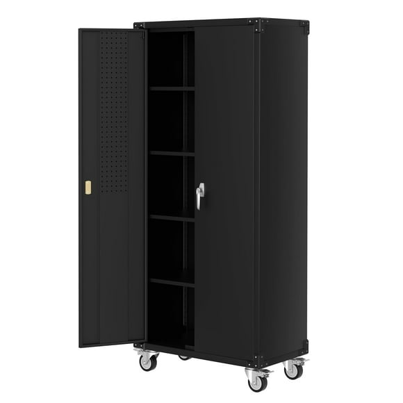 Garage Storage Cabinet Heavy-Duty 72-Inch Black Metal Locker with Wheels, 2 Locking Doors & 4 Adjustable Shelves, Pegboard Back Panel for Tools - Rolling Cabinet for Workshop, Home