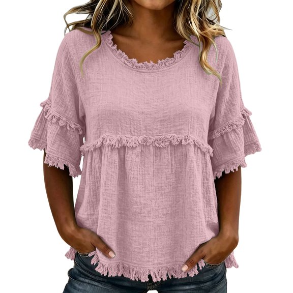 Setooff Women's Solid Fringe Trim Round Neck Short Sleeve Babydoll Top Loose Casual Summer Blouse Shirts for Women