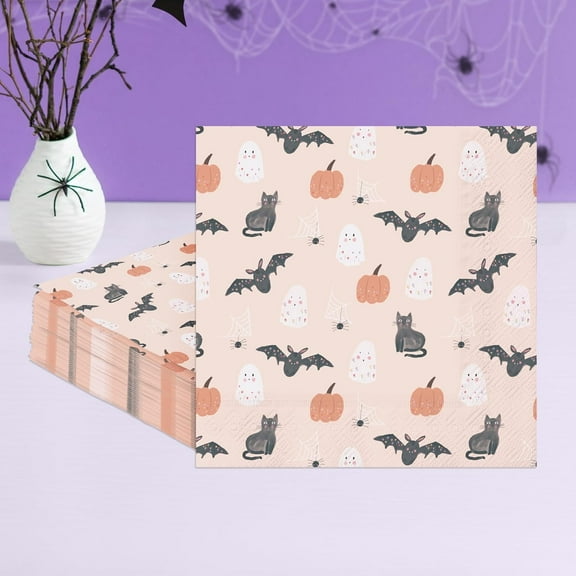 Cheerland Pastel Halloween Theme Napkins, Bat Cat Ghost Pumpkin, Set of 50