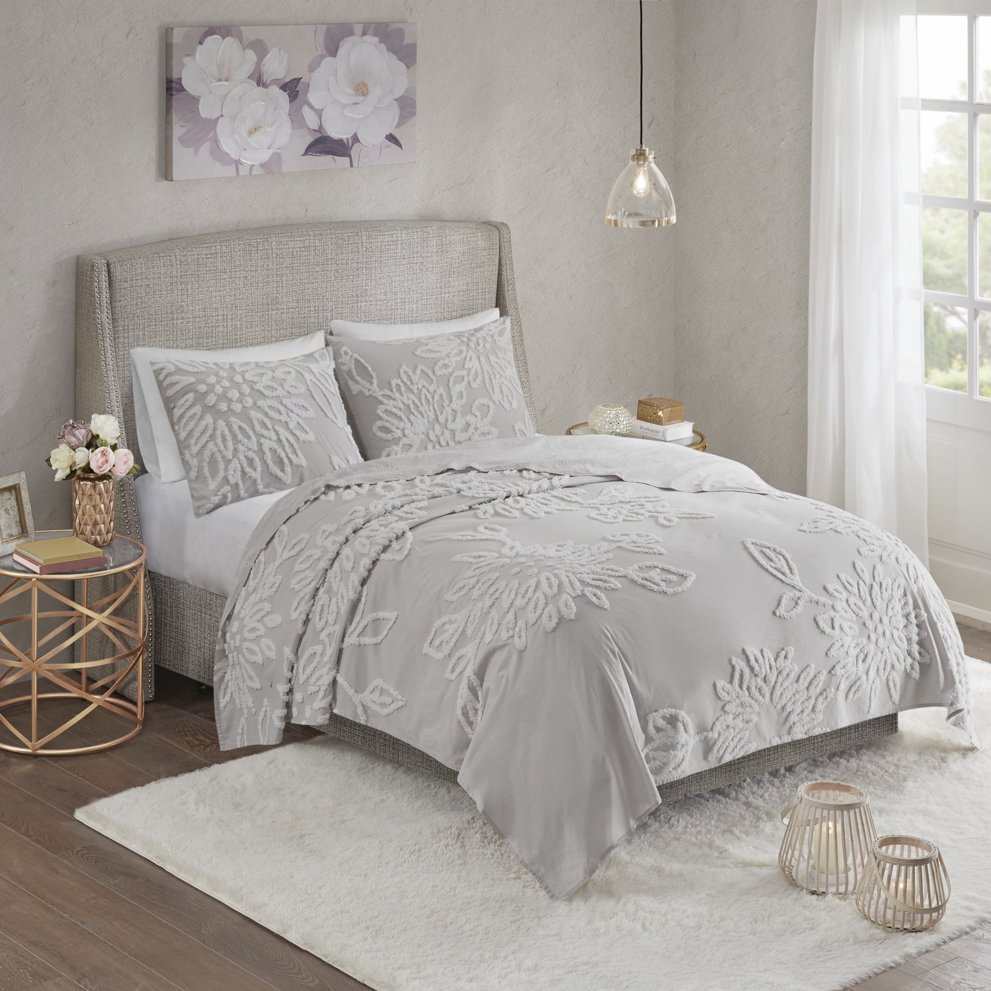 Danica King/California King 3pc Tufted Cotton Chenille Floral Coverlet Set Gray/White