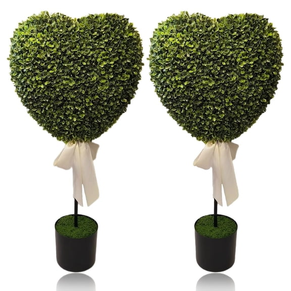 Leutsin 2.7 ft Boxwood Heart Topiary Outdoor - 2 Sets Valentine's Day Heart Shaped Topiary Trees,Artificial Decorations Ball Planter Pots with Bow Tie,Faux Mini Greenery Indoor Porch Home Decor