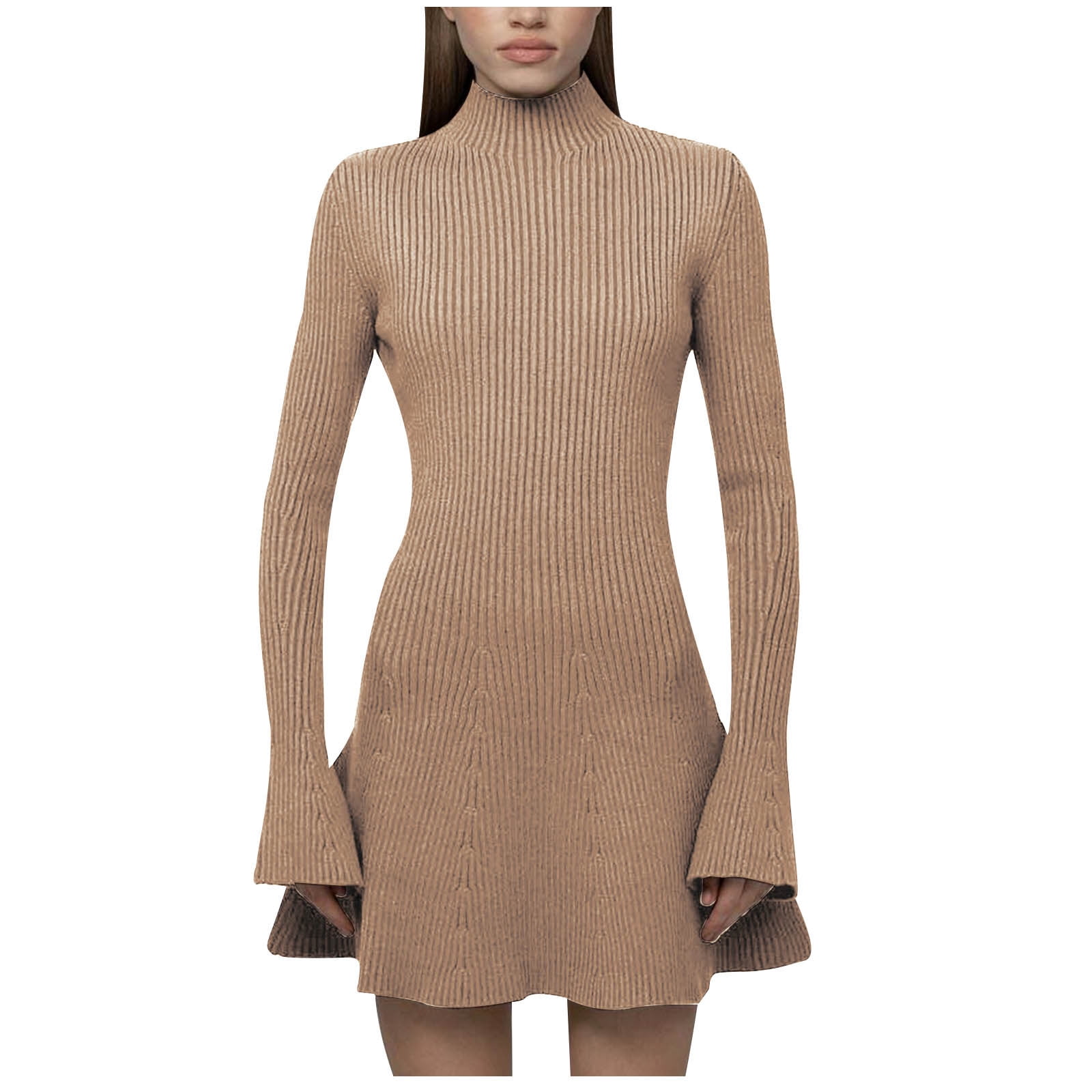 Elainilye Fashion Long Dresses for Women Sexy Casual V-Neck Solid Long  Sleeve Hollow Out Mini Dress Knee Length Dress,Brown - Walmart.com