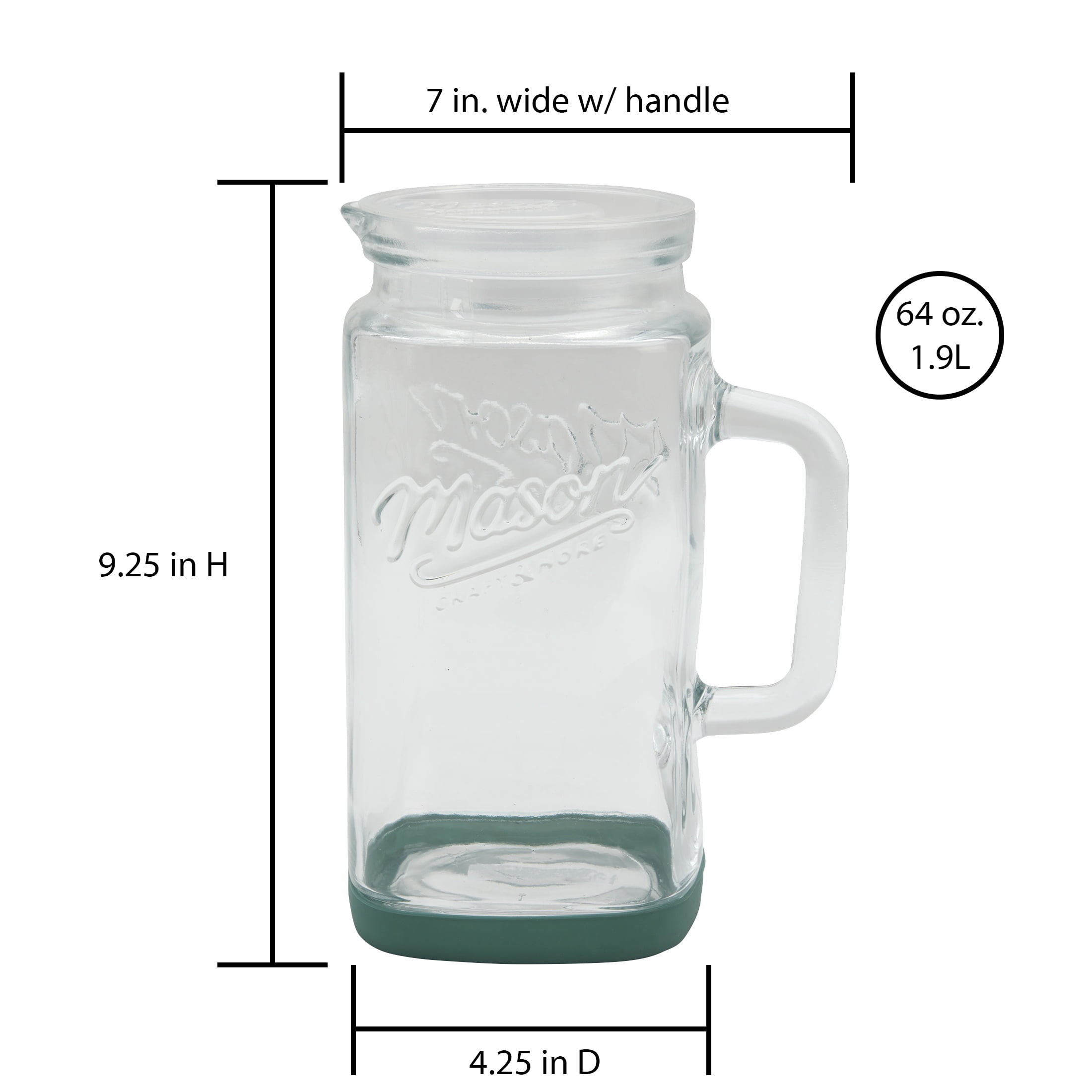 Mason Craft & More Glass 0.5 Gallon Pitcher with Removable Plastic Lid and Silicone Base, Sage, Useful for Serving Chilled Drinks