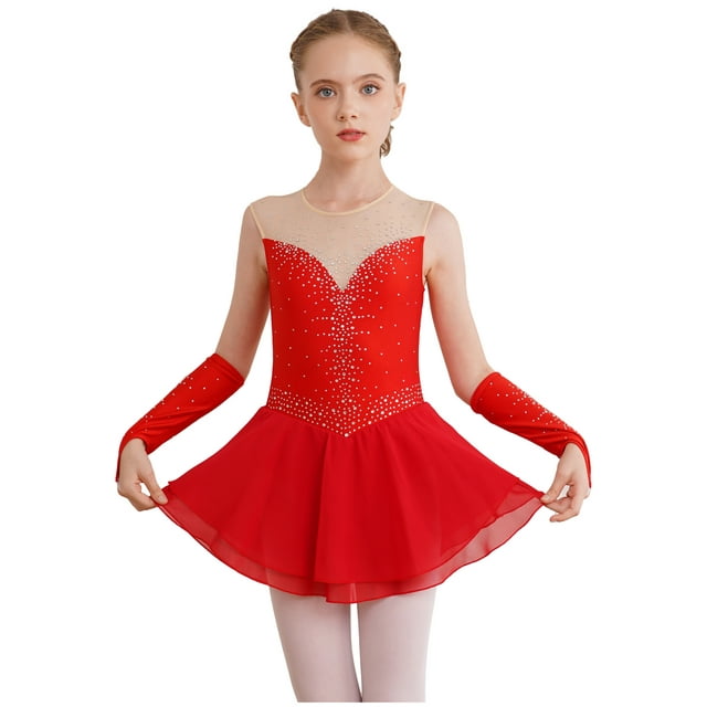 JanJean Enfants Filles Strass Maille Épissure Sans Manches Figurine Patinage sur Glace Justaucorps Robe et Gants Costume de Compétition Rouge 12