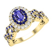 Dazzlingrock Collection 6X4mm Oval Tanzanite with Round Blue Sapphire & White Diamond Interweaving Double Halo Wedding Ring for Women in 10K Yellow Gold, Size 7.5