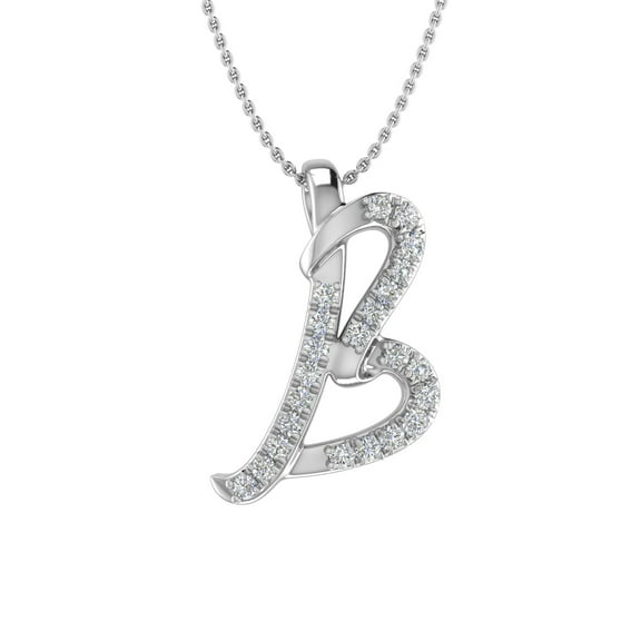 1/10 Carat Diamond Initial B Letter Pendant Necklace in 14K White Gold (with Silver Chain)