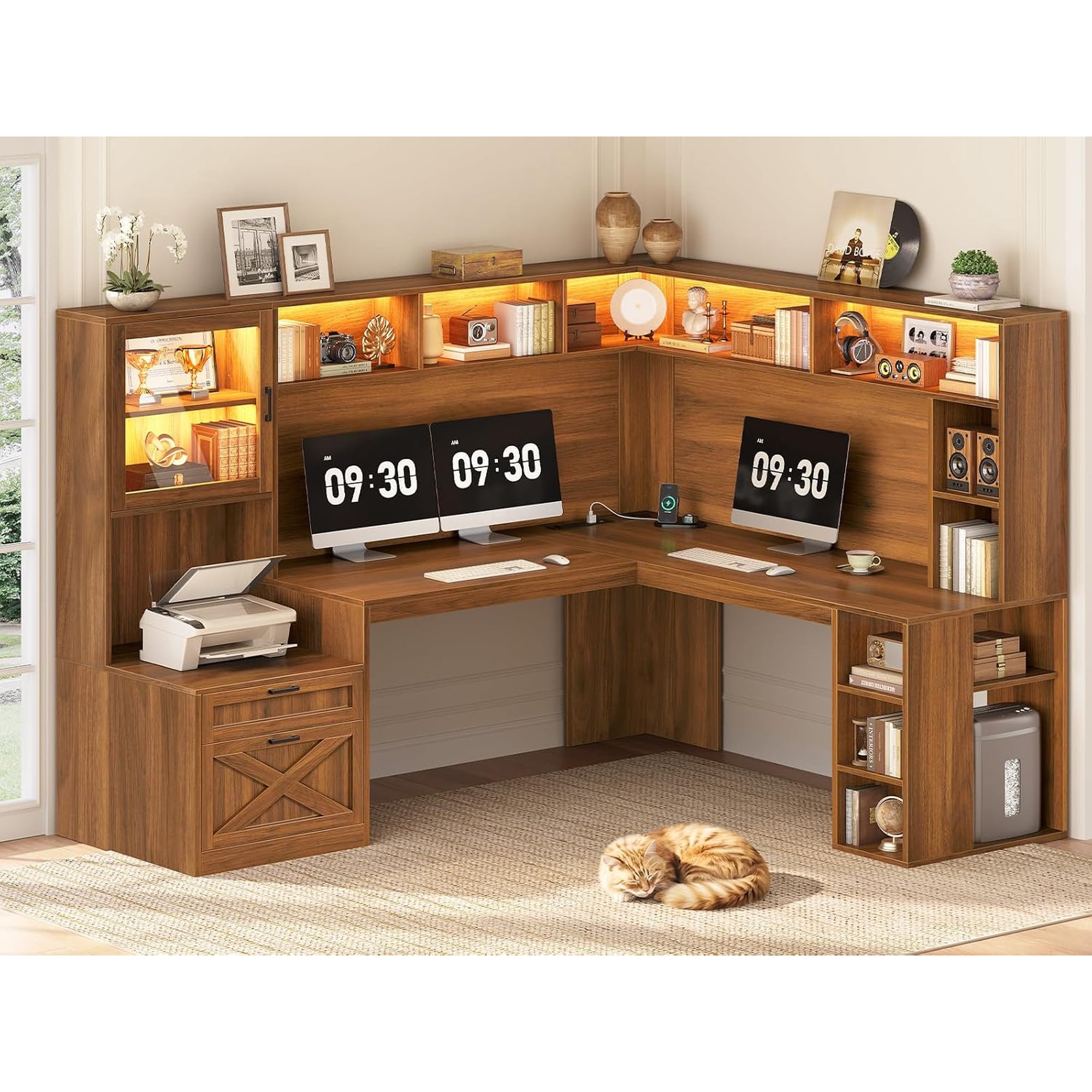 SEDETA L Shaped Gaming Desk with LED Lights, 68" Farmhouse Corner Computer Desk with Hutch, Power Outlets, Storage Shelves, Glass Cabinet, File Drawers, Home Office Workstation, Brown