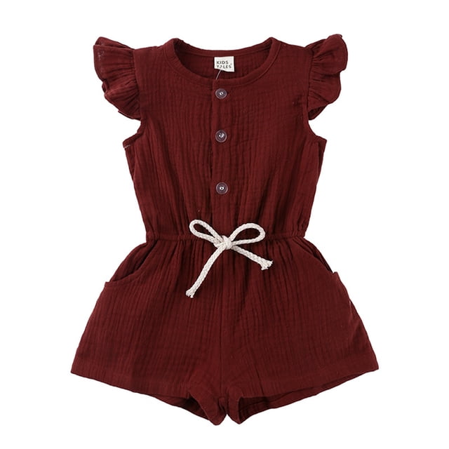 WEIYLL Girls Rompers Summer Button Henley Fly Short Sleeve Solid Playsuit Wine Baby Playsuit for 2-3 Years