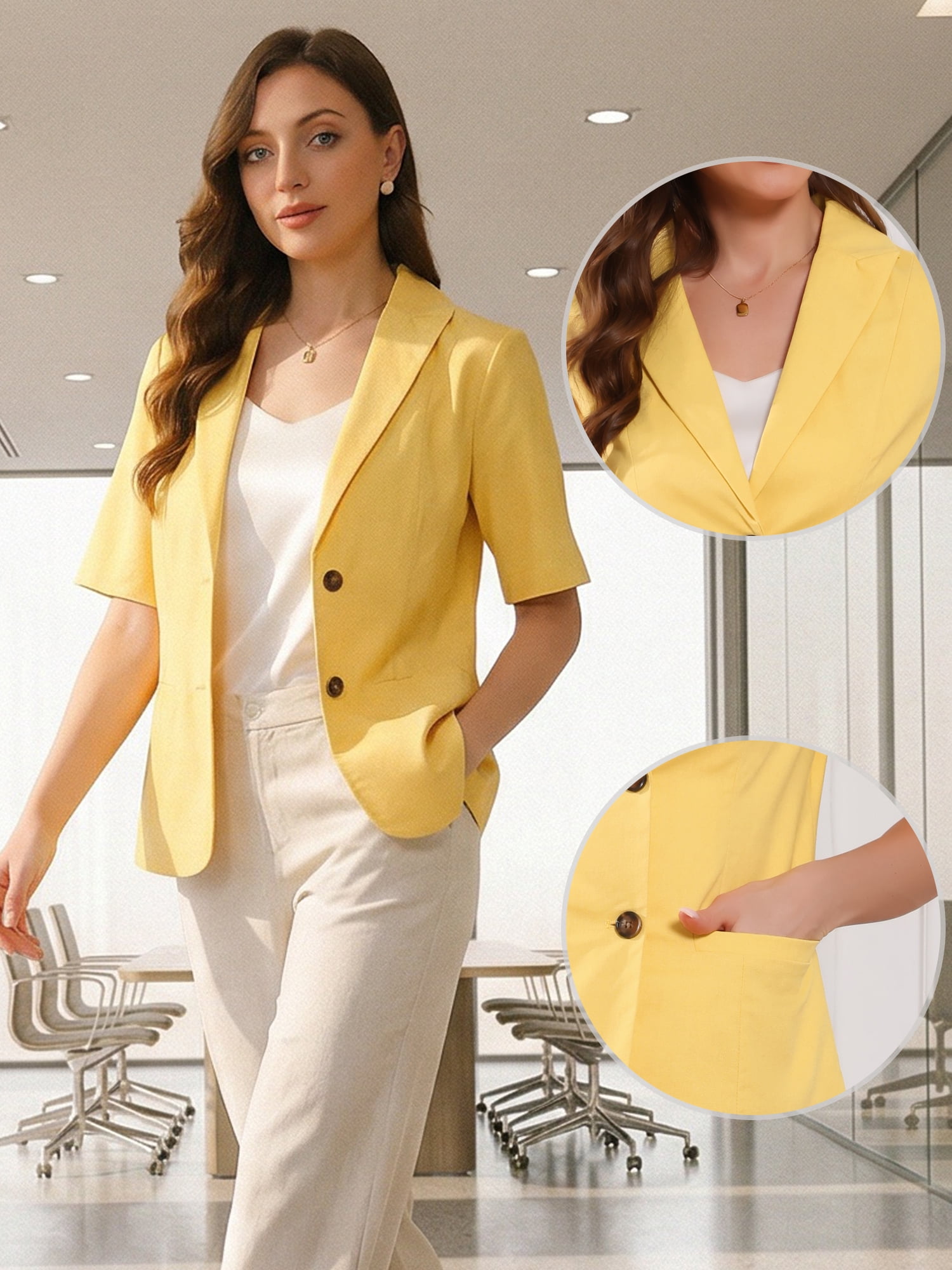 DARING DIVA Women's Linen Short Sleeve Cotton Lapel Collar Blazer XS Yellow