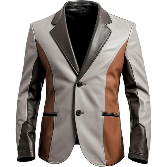 Men's Grey and Brown Sheepskin Leather Jacket Lightweight Blazer Button Up with Notched Lapel Collar (US, Alpha, X-Large, Regular, Regular, Grey and Brown)