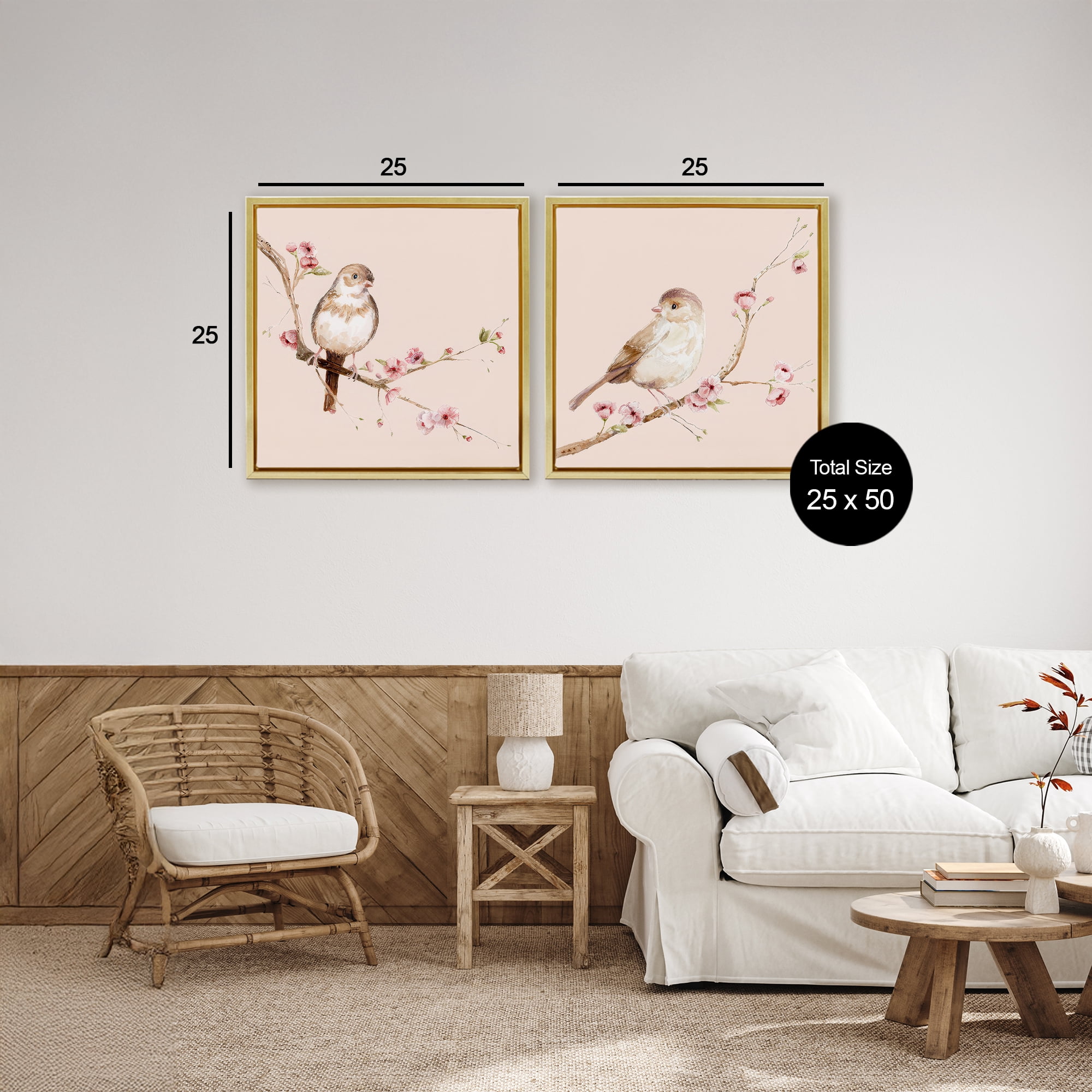 Sweetest Brown Birds Branch 2 Piece Gold Framed Floater Canvas Set, design by Lisa Wehmeyer