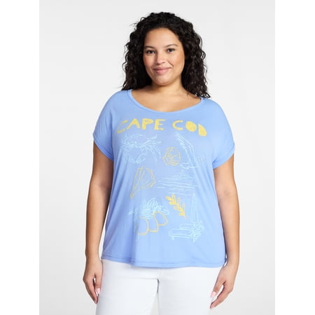 Terra & Sky Women's Plus Size Cape Cod Graphic Tee with Short Sleeves, Sizes 0X-5X