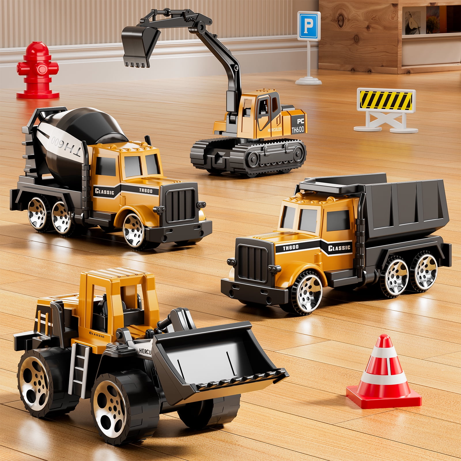 Lucky Doug Construction Truck Toy for Boys Age 3-6, Truck Set Include Launcher, Crane, Race Track, 4 Construction Vehicles - Dump truck, Cement Truck, Bulldozer, Excavator Toys for Kid 3- 6  Boy Gift