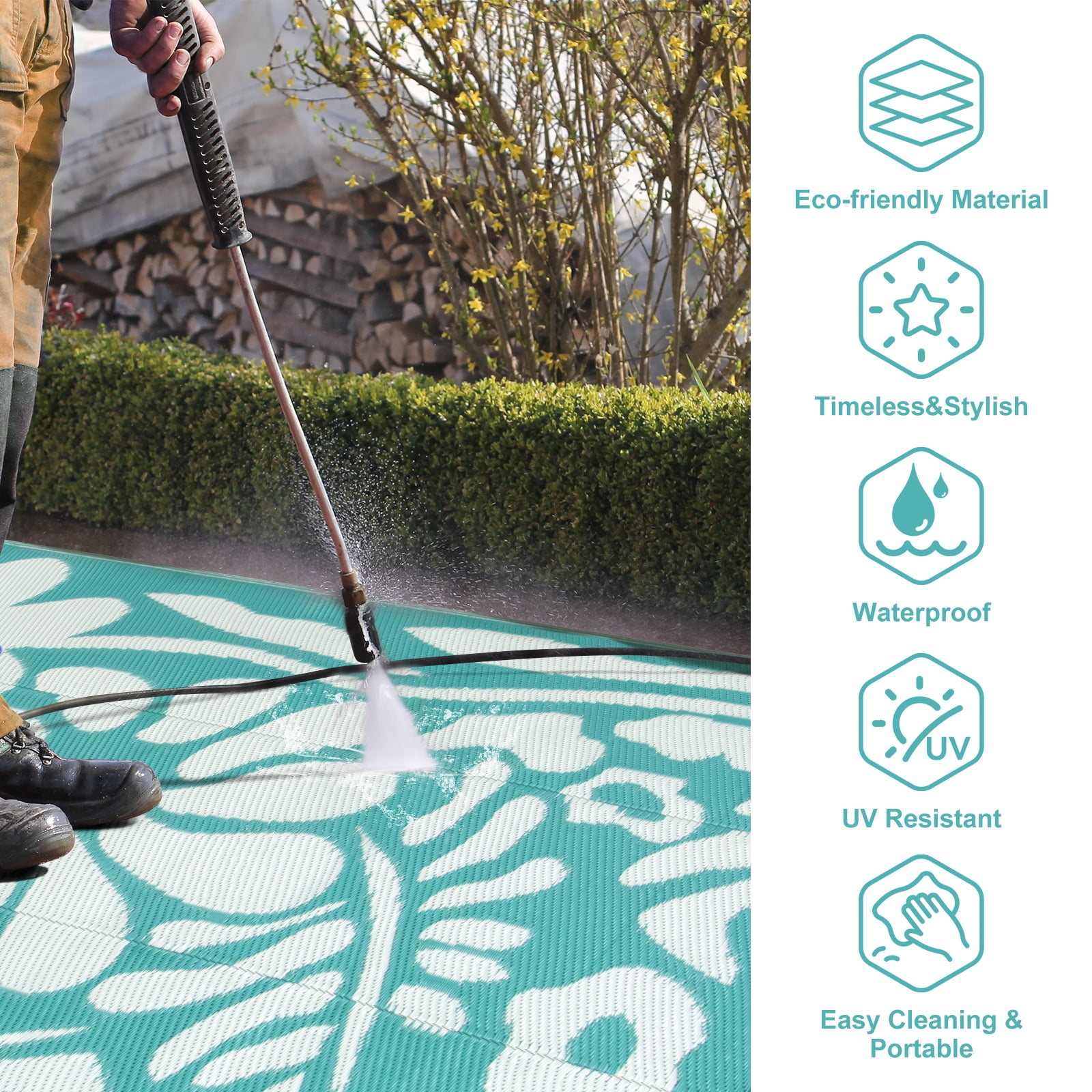 Wonnitar 6x9 Outdoor Rug Waterproof, Plastic Straw RV Rugs for Outside, Large Portable RV Outdoor Carpet，Blue Floral Rug for Picnic Garden Patio