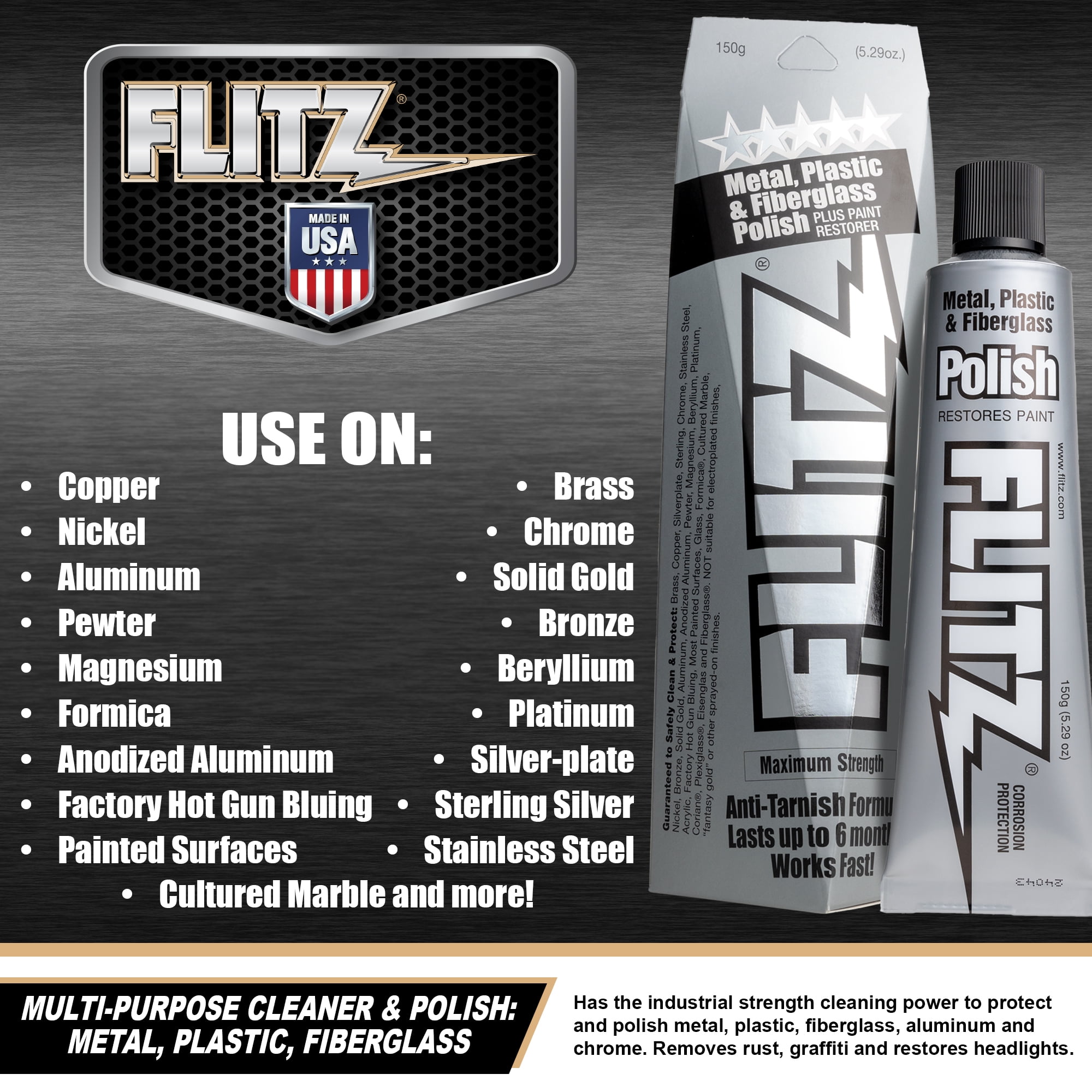 Flitz Metal Polish Paste - Multi-Purpose Cleaner and Polish for Aluminum, Brass, Copper, Chrome, Stainless Steel, Silver, Fiberglass and Plastic, 5.29 oz