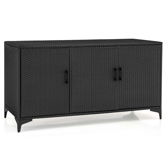 Costway 84 Gallon 3-Door Patio Wicker Storage Cabinet Deck Box with Removable Shelves Black