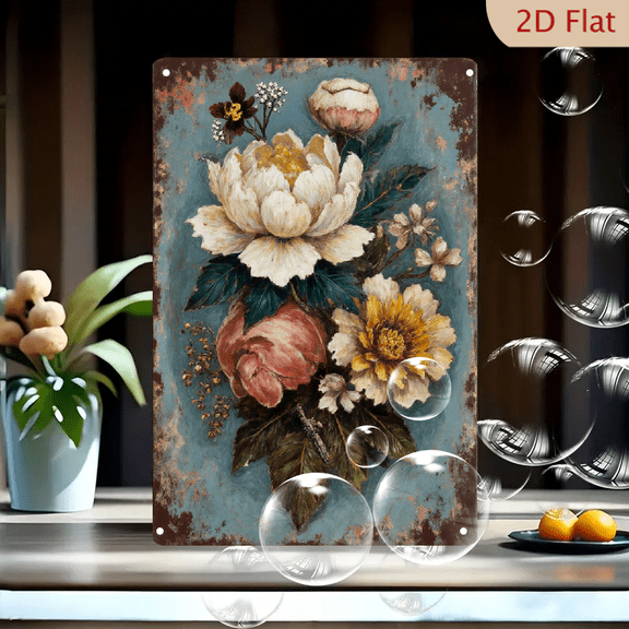 Vintage Botanical Flower Art 8x12 Inches Metal Wall Decor, Rustic Blue Weathered Background with Peony Rose Dahlia Dragonfly, Antique Pressed Floral Print for Home Living Room Kitchen