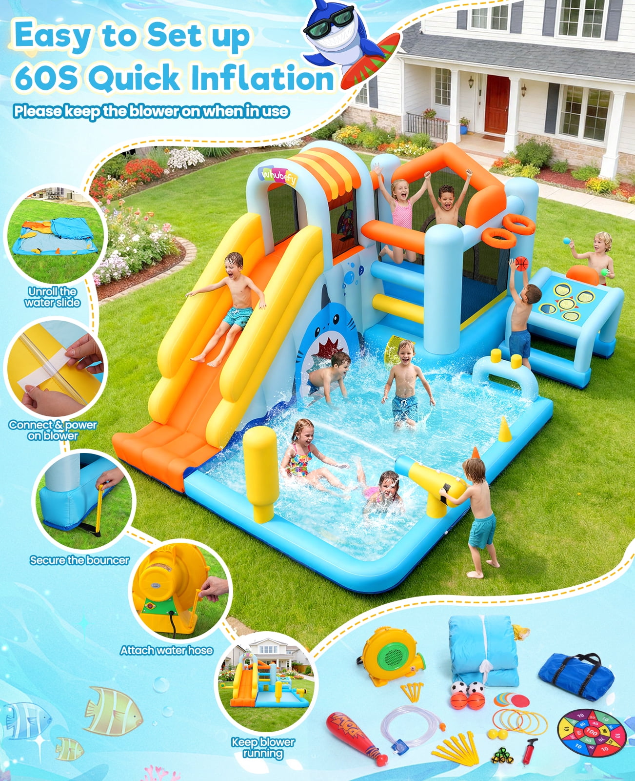 Adnoom 14 in 1 Inflatable Bounce House for Big Kids, Indoor Outdoor Water Slide with Large Pool, 480W Blower, Obstacle Bouncy House with Golf, Water Cannon for Backyard Party Kids 3~12