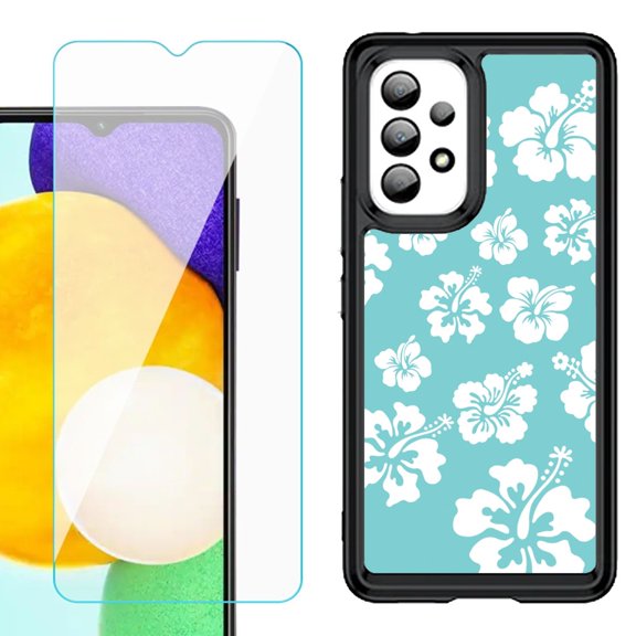 Shockproof Bumper (Black Frame) phone Case for Samsung Galaxy A23 5G, with Tempered Glass Screen Protector, by OneToughShield ® - Hibiscus Teal