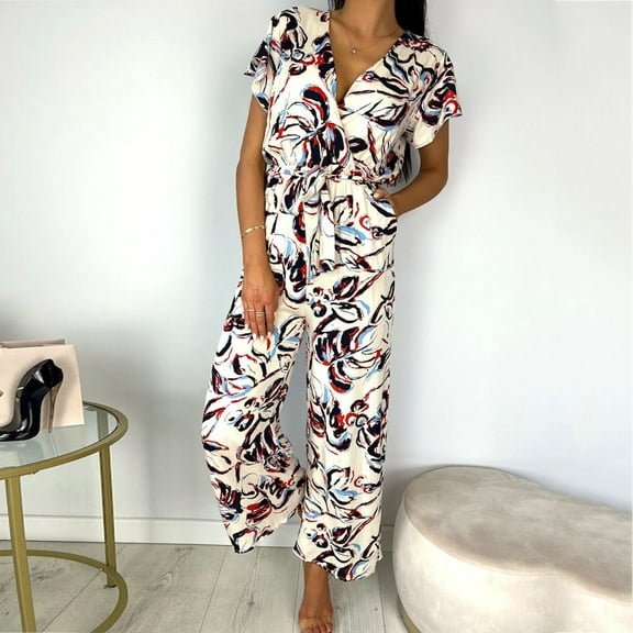 Aayomet Jumpsuits For Women Women Summer Short Sleeve V Neck Buttons Waist Belt Straight Wide Leg Cropped Jumpsuits Rompers,White XXL