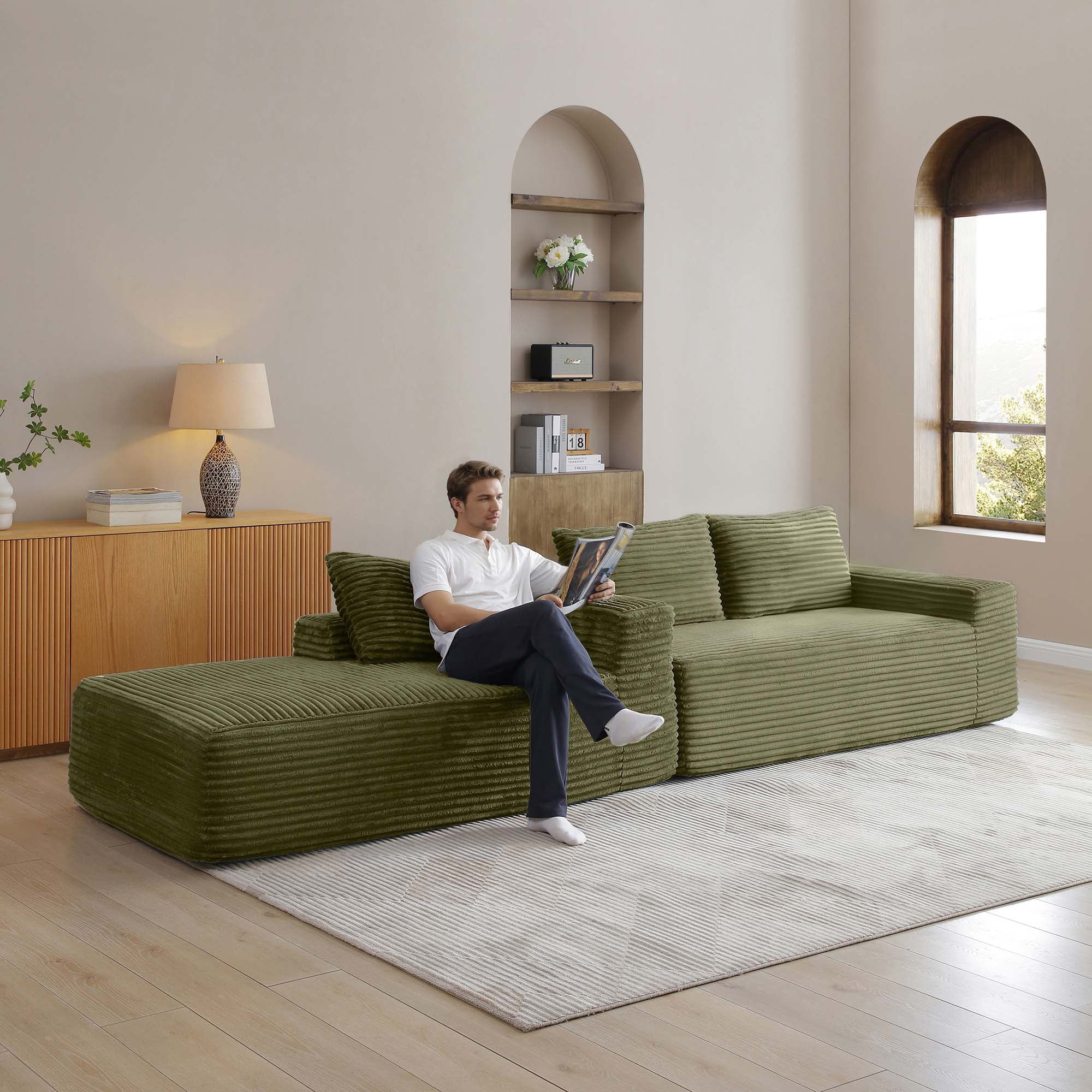 Miniyam Modern 97" L-Shape Couch with Chaise, Deep Seat Corduroy, No Assembly Needed (Left Facing Chaise, Green)
