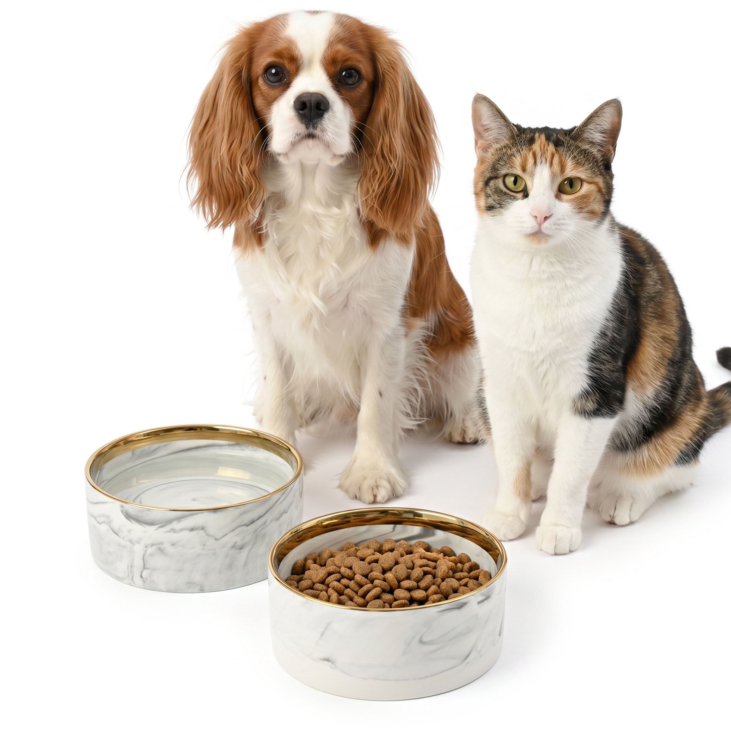 Max & Marlow Ceramic Dog Bowls Set of 2 with Gold Rim, Non-Slip Pet Food & Water Bowls for Small to Medium Dogs, 400ML & 850ML Capacity
