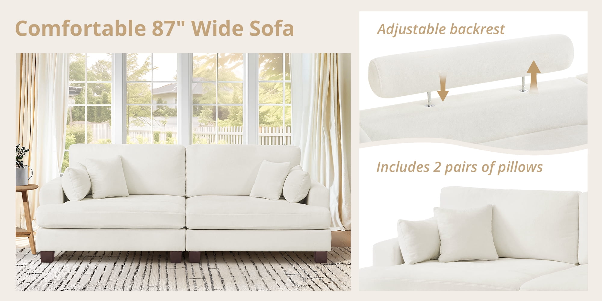 Dycanpo 3 Seater Corduroy Sectional Sofa with Pillow, 88" Upholstered White Couch, Loveseat Sofa for Living Room, Beige White