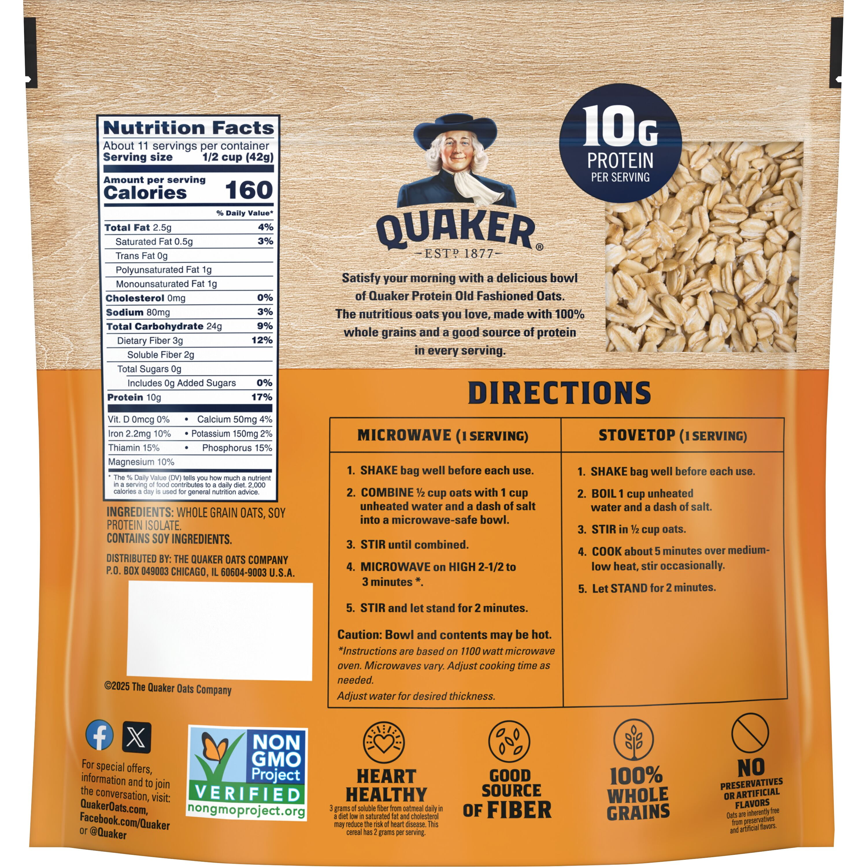 Quaker Protein Old Fashioned Rolled Oats, 16 oz Bag