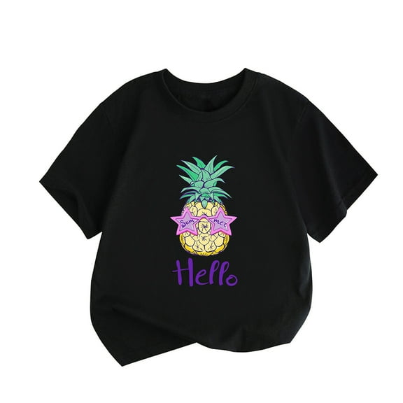 PINQI Boys and Girls Summer Casual Blouses Little Children and Big Kids Pineapple Print Tops Short Sleeved T Shirts 1 To 8 Years(Black,3-4 Years)