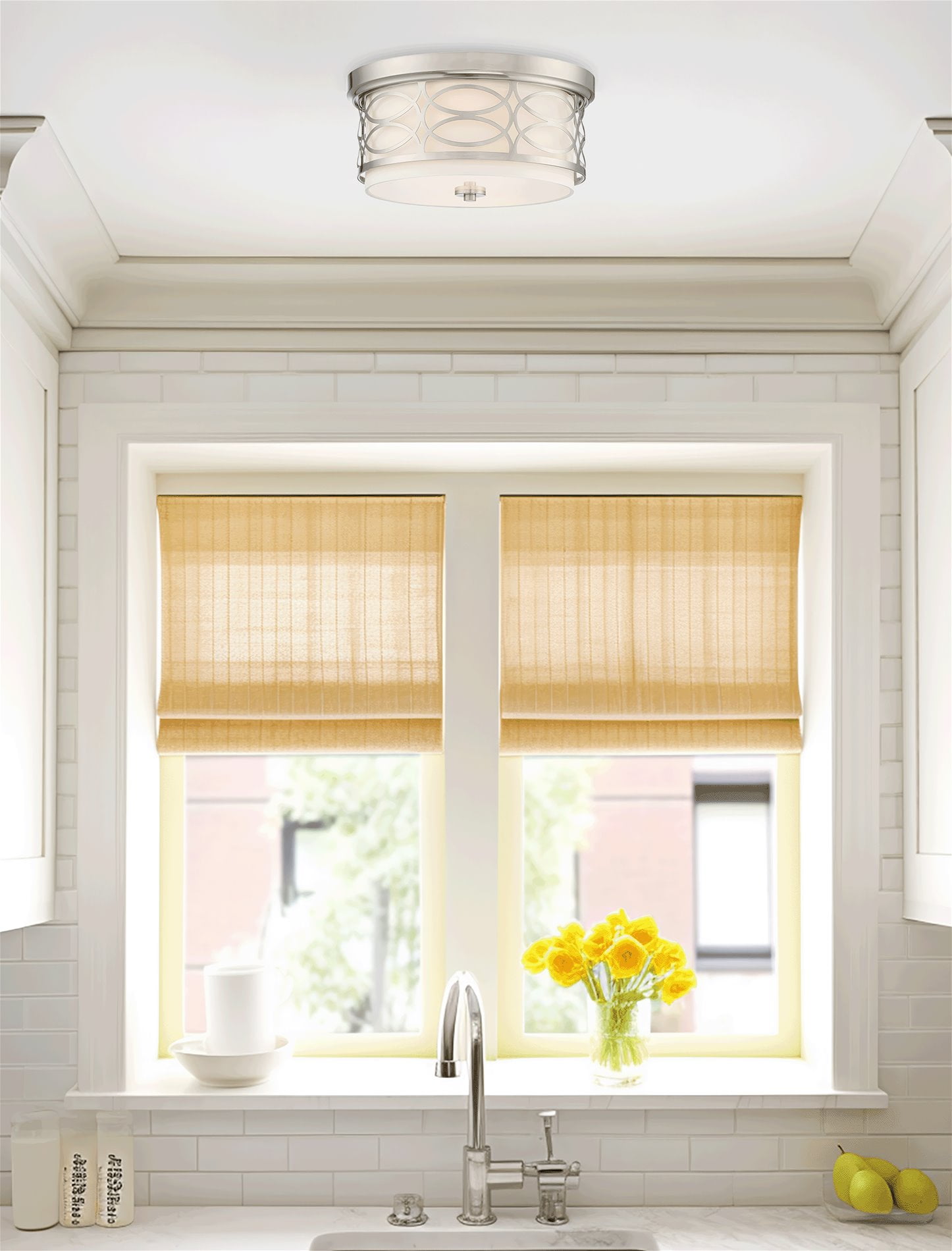 Kira Home Sienna 13" Lattice Drum Flush Mount, Silver Ceiling Light, White Linen Shade, Glass Diffuser, Brushed Nickel