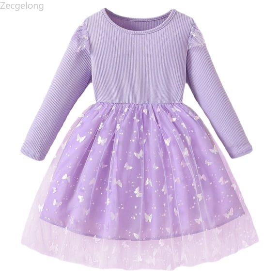 Zecgelong Girls Long Sleeve Performance Dress With Skirt For And Autumn Arrival Girls Dress For Kids Size 3-4 Years Purple