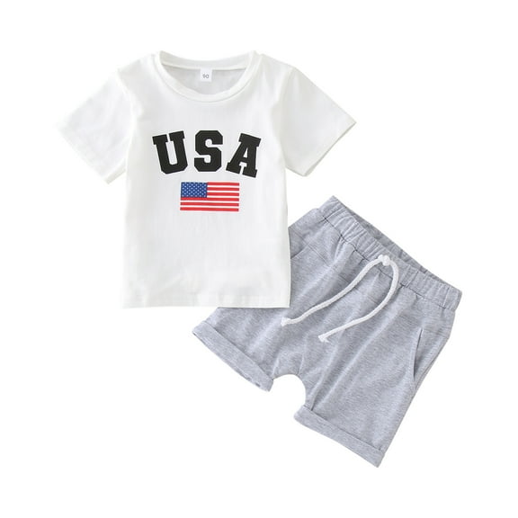 Zanarzt Baby Boy Fourth Of July Outfit 4th of July Clothes for Toddler Baby Boys Short Sleeve Letter Print T shirt Tops Shorts Kids Independence Day Outfits 2pcs Short Pants Set Grey,18-24 Months