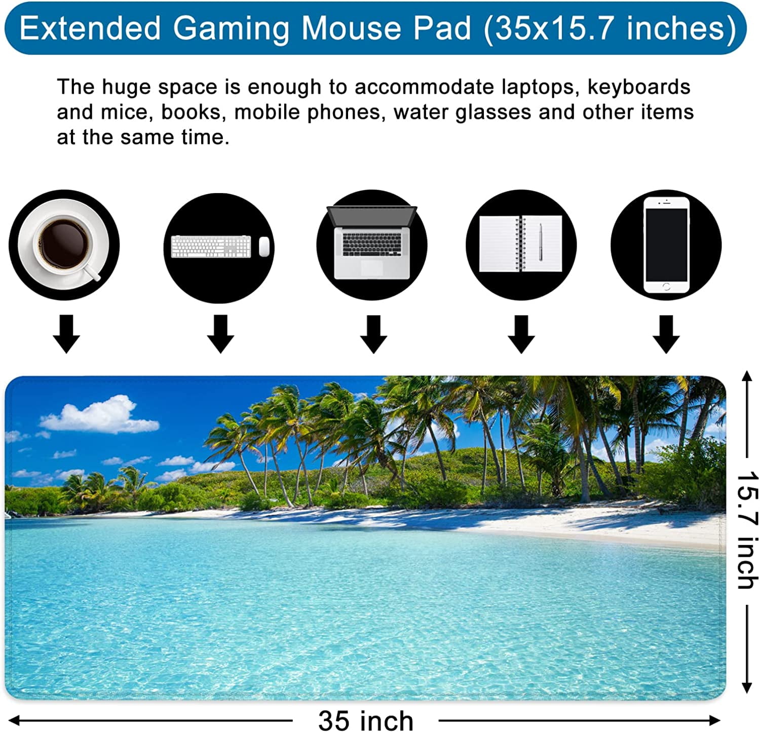 Beach Mouse Pad Ocean Theme Large Gaming Mouse Pad XXL 35x15.7x0.12 inch Large Mouse Pad for Desk with Personalized Design for Laptop, Computer PC (Beach -3)