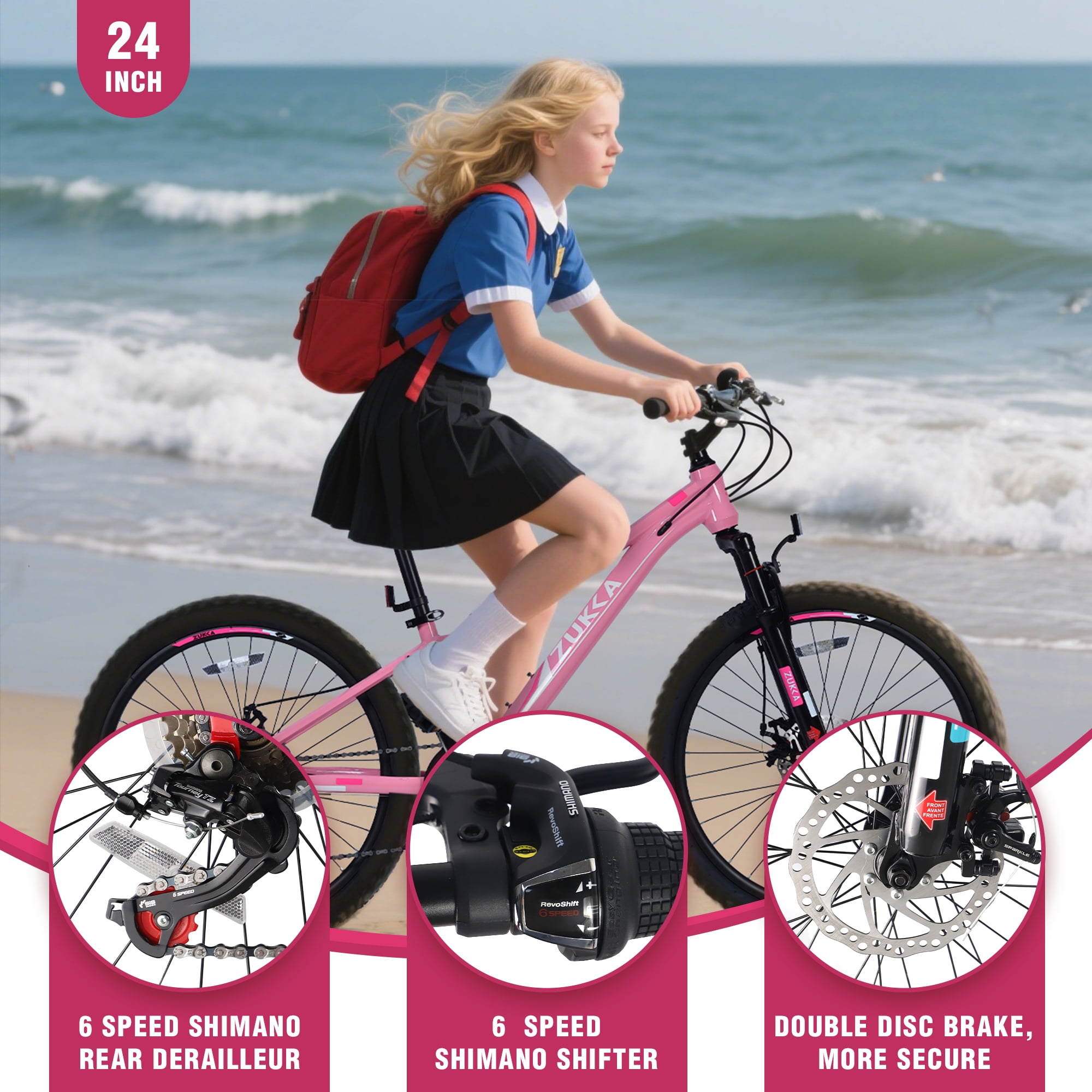 24 Inch 6-Speed Mountain Bike for Kids Boys and Girls, High-Strength Steel Frame Bicycle with Suspension Fork and Dual Disc Brakes, Adjustable Seat and All-Terrain Tires for Ages 9-12, Pink