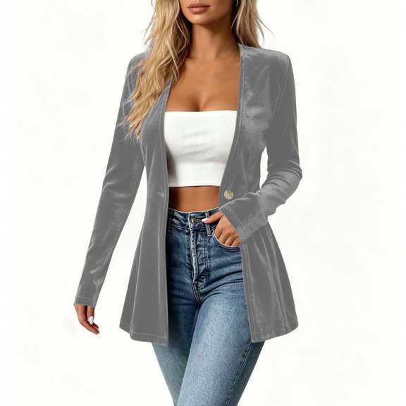 Stamzod Womens Blazers Dressy Casual Long Sleeve Velvet Jacket Blazer Fall Fashion Loose Fit Work Suit Jackets Gray B L