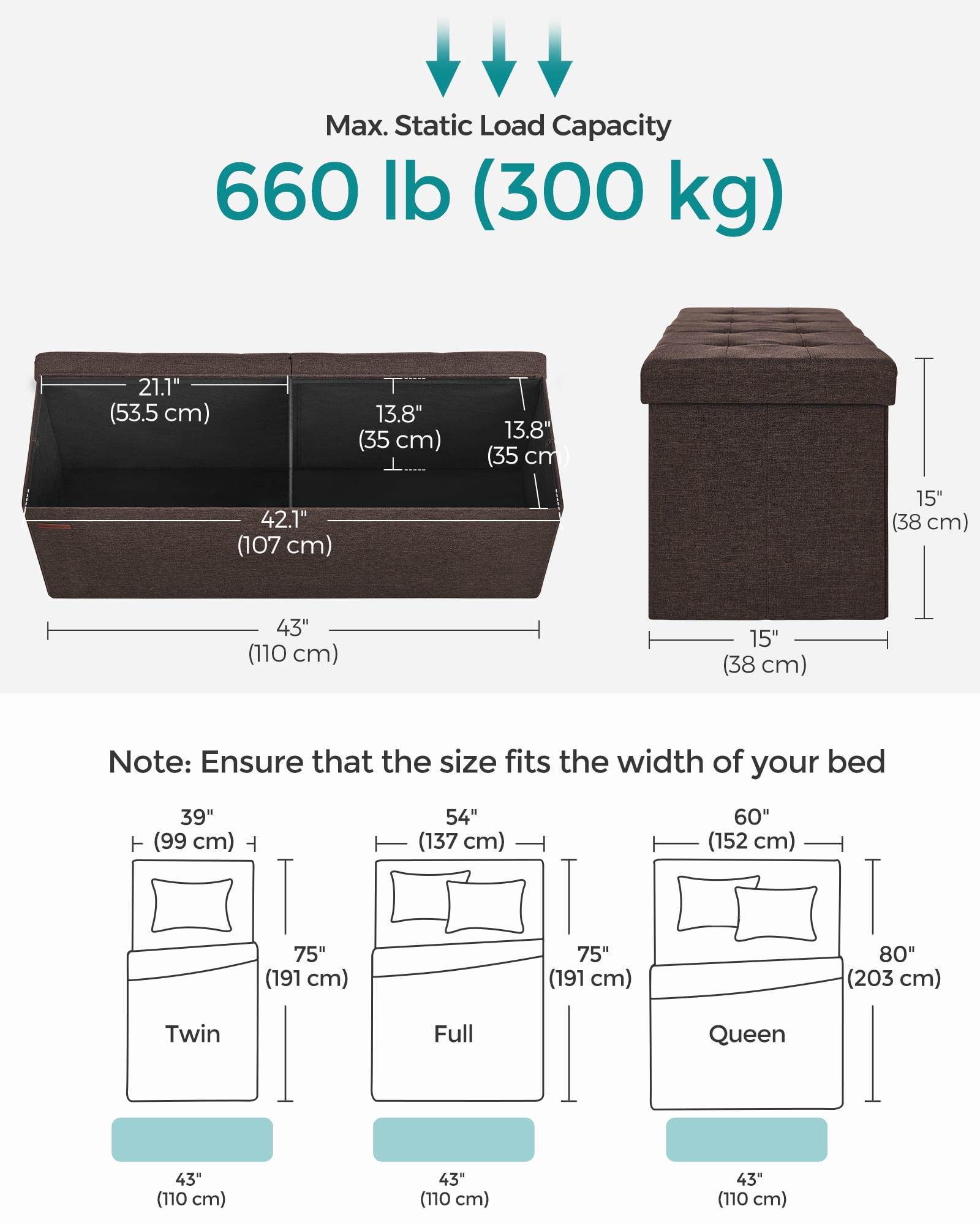 SONGMICS 43" Storage Ottoman Bench Hold up to 660lb Ottoman with Storage Brown