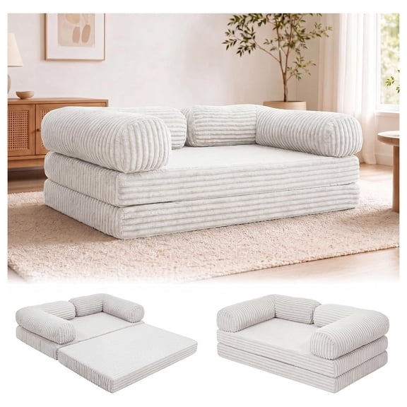 59" Convertible Sofa Bed, Corduroy Futon Couch, Beige
