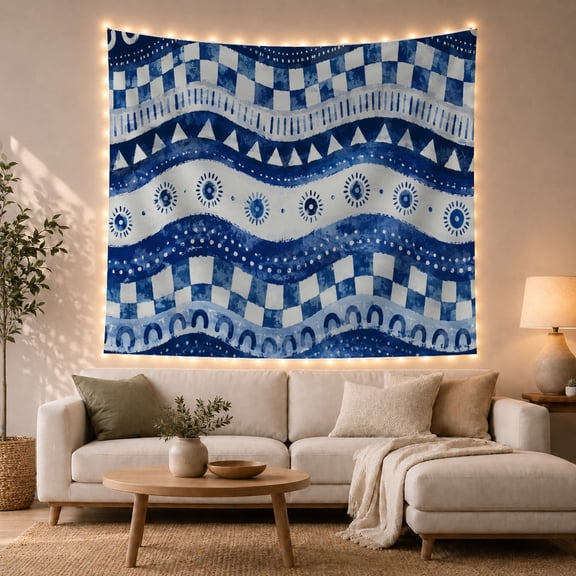 Blue Abstract Watercolor Bands Against Deep Indigo Waves, Mystical Boho for Boho Decor Lovers, Artisanal Wall Art Decor, Housewarming Gift Tapestry Wall Hanging for Bedroom and Dorm